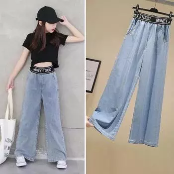 Модные джинсы для девочек с карманами, джинсовые брюки с вышивкой, широкие брюки 170cm синий