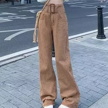 Модные джинсы для женщин, винтажная уличная одежда, широкие брюки с высокой талией и поясом, стильные свободные повседневные брюки для колледжа S коричневый