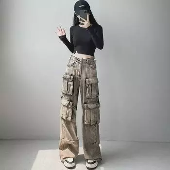 «Модные джинсы с высокой талией, широкими штанинами и множеством карманов для женщин» Extra Large синий/золотой