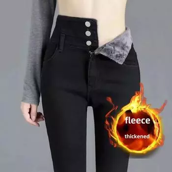 Модные джинсы с высокой талией, женские эластичные обтягивающие длинные брюки с флисовой подкладкой, осень/зима 2024 г., новое поступление S чёрный