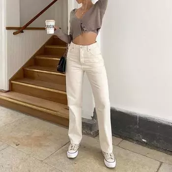 Модные джинсы женские прямые брюки для мам белые свободные мешковатые джинсовые брюки с высокой талией хлопковые классические женские джинсовые брюки L белый