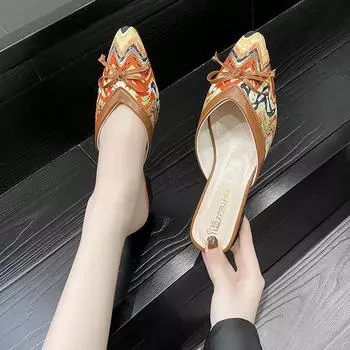 Модные европейские и американские тапочки Baotou женские 2024 новые осенние туфли-бабочки на плоской подошве, подходящая по цвету верхняя одежда, темпераментные тапочки 36 светло-коричневого