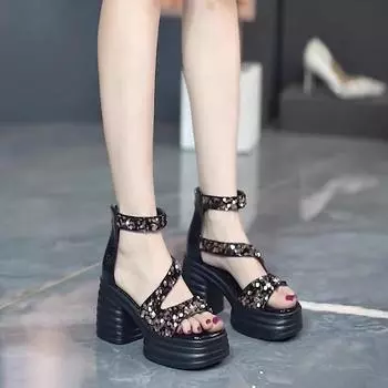 Модные европейские и американские туфли с пайетками, перекрестными ремешками и молнией сзади, высокие каблуки, толстые подошвы с резьбой, приподнятый открытый носок, сандалии, женская обувь 34 серебряный