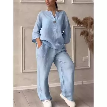 Модные европейские и американские женские удобные свободные топы, широкие брюки, повседневный хлопковый льняной костюм больших размеров XS чёрный