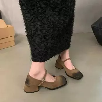 Модные фетровые туфли Мэри Джейн для женщин с квадратным носком из флока, новые модные винтажные туфли из искусственной замши, массивные туфли для платья, весна 35 чёрный