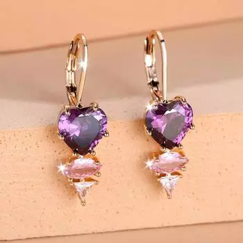 Модные фиолетовые циркониевые серьги-подвески в форме сердца для женщин, золотые серьги-подвески, свадебные украшения для вечеринки, подарок золотой
