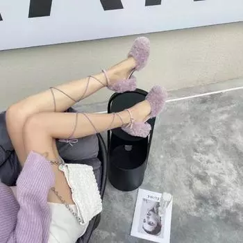 Модные фиолетовые меховые сандалии женские сексуальные кружевные туфли на высоком каблуке женские розовые плюшевые вечерние туфли для вечеринок 35 бежевый
