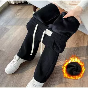 Модные флисовые женские утепленные брюки из вельвета, бархата, однотонные, с эластичной резинкой на талии, повседневные теплые прямые брюки на осень-зиму M чёрный