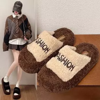 модные флокированные балетки женские взрослые плюшевые тапочки женские роскошные толстые подошвы мех мягкий 2024 дизайнерский мех французский стиль 35 бежевый