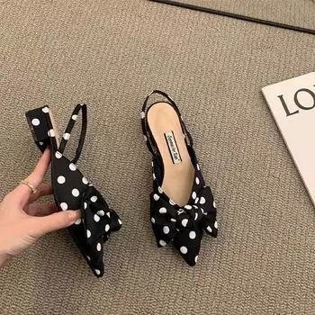 модные французские босоножки с бантом на толстом каблуке женские летние 2024 года с острым носком и тонким ремешком сзади повседневные черные серые сандалии женские 35