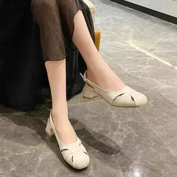 Модные французские феи стиль Baotou сандалии женские весна/лето 2024 новый круглый носок выдолбленный пряжка средний толстый каблук модная женская обувь 34 бежевый
