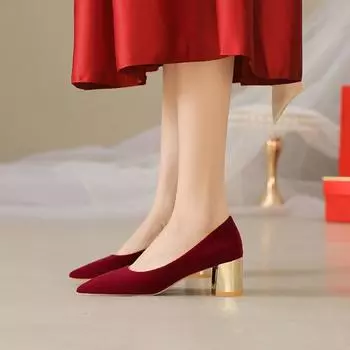 Модные французские красные свадебные туфли для женщин 2024 года, весна/лето/осень, новые туфли на толстом каблуке, не утомляющие ноги невесты 34