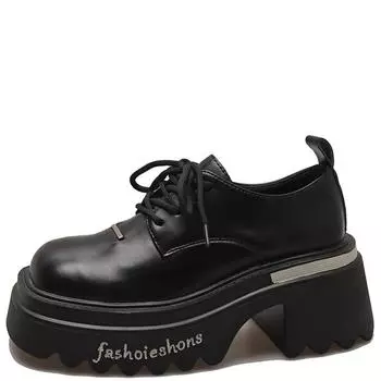 Модные французские ретро-туфли на шнуровке из кожи для женщин 2024 года, весна и осень, новые универсальные туфли-лоферы, черные туфли на толстой подошве 35 чёрный
