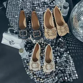 Модные французские туфли для мам с плоским носком и неглубоким носком для женщин с круглым носком и бантом из стразов, удобные туфли на мягкой подошве в стиле «Темперамент» 35 чёрный