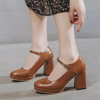 Модные французские туфли Мэри Джейн на высоком каблуке с круглым носком, женские элегантные одинарные туфли 2024 года, женские туфли-лодочки в стиле ретро с винно-красным неглубоким носком и толстым каблуком 34 чёрный