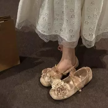 Модные французские туфли Мэри Джейн в стиле ретро для женщин, лето 2024, новые замшевые туфли на одну ногу с квадратным носком и плоской подошвой, розовые одинарные туфли 35 абрикосовый