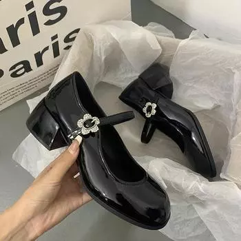 Модные французские туфли на толстом каблуке с круглым носком, маленькие кожаные туфли для женщин 2024 года, новые ретро туфли Мэри Джейн на высоком каблуке, женские туфли на среднем каблуке 35 чёрный