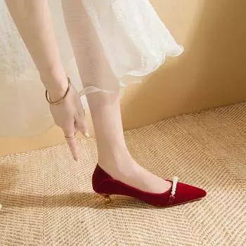 Модные французские вечерние туфли-лодочки женские туфли на толстом каблуке с жемчугом заостренные туфли для подружек невесты свадебные туфли на высоком каблуке женские туфли на среднем каблуке фея 34 шампанского