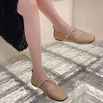 Модные французские винтажные туфли Мэри Джейн с жемчугом 2024 года, летняя новая мода, простые повседневные туфли с плоским дном и небольшим вырезом, удобные женские туфли 35 бежевый