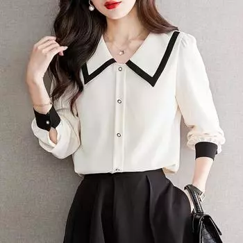 Модные французские женские блузки с воротником Питера Пэна, офисные женские шифоновые рубашки с длинными рукавами и пуговицами, женская одежда 29527 S абрикосовый
