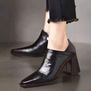 Модные французские женские туфли с квадратным носком на высоком каблуке 2025 года, весна и осень, новый стиль, толстый каблук, глубокий вырез, молния сбоку, женские одинарные туфли 35 коричневый