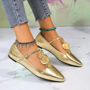 Модные французские золотые туфли на высоком каблуке для женщин 2024 года, весна, ретро, туфли Мэри Джейн, модные туфли на плоской подошве с неглубоким носком, Zapatos Mujer 2024 Tendencia 35 золотой