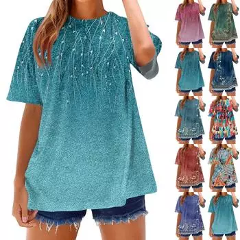 Модные футболки для женщин, летние топы с коротким рукавом, свободные топы с круглым вырезом XXL тёмно-синий