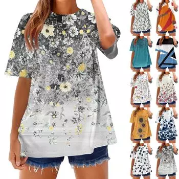 Модные футболки для женщин, летние топы с коротким рукавом, свободные топы с круглым вырезом XXL