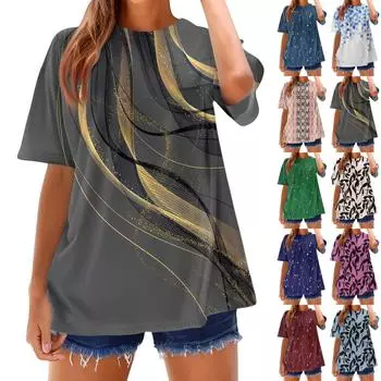Модные футболки для женщин, летние топы с коротким рукавом, свободные топы с круглым вырезом XL