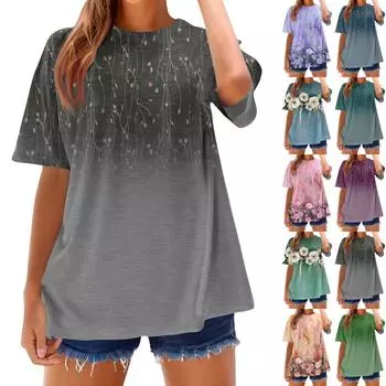 Модные футболки для женщин, летние топы с коротким рукавом, свободные топы с круглым вырезом XL зелёный