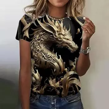 Модные футболки для женщин с 3d принтом дракона, футболки с короткими рукавами и круглым вырезом, летние женские топы Y2k, новая женская футболка оверсайз S