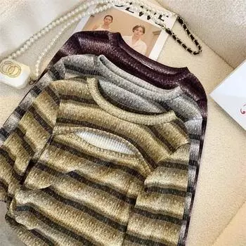 Модные футболки нестандартной формы для женщин, контрастные футболки с вырезами, осенние топы с длинными рукавами, повседневная футболка в полоску с круглым воротником 29533 S серый