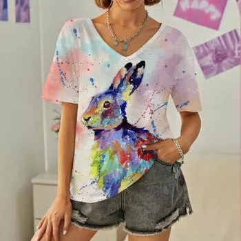 Модные футболки с 3D принтом кролика, уличная женская футболка, топы Y2k, женские повседневные футболки с v-образным вырезом, женская одежда больших размеров в стиле Харадзюку L
