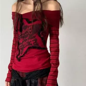 Модные футболки с буквенным принтом Harajuku Y2k 2024, полосатые футболки с длинными рукавами и открытыми плечами, уличная одежда, женские футболки с вырезом в стиле гранж S красный