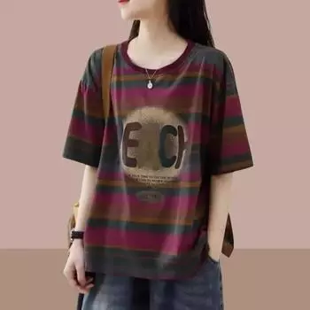 Модные футболки с круглым вырезом и принтом в виде букв в полоску Женская одежда Весна-Лето Свободные повседневные топы Универсальные футболки XXXXL чёрный