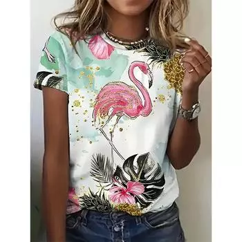 Модные футболки с принтом фламинго 3D, женские, новые, повседневные, с коротким рукавом и круглым вырезом, футболки Y2k Harajuku, большие футболки, топы, женская одежда S