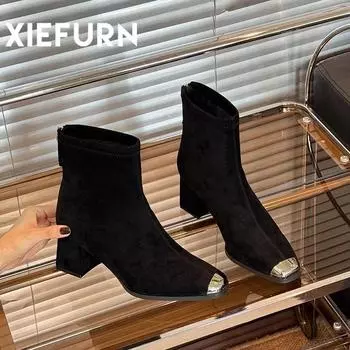 Модные готические ботильоны с квадратным носком, женские дизайнерские сексуальные платья, замшевые туфли на высоком каблуке, женская обувь, зимние трендовые толстые туфли-лодочки для снега 35