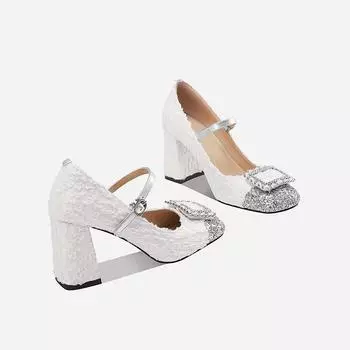 Модные грубые шерстяные высокие туфли для женщин на весну 2024 года, новые толстые каблуки с пайетками, прямой линией и неглубоким вырезом Mary Jane 34 чёрный