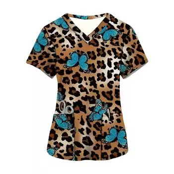Модные хирургические халаты с бабочками для женщин, 3D-принт, микрострейч, для стоматологов, медсестры, летние топы с короткими рукавами, женские хирургические халаты S