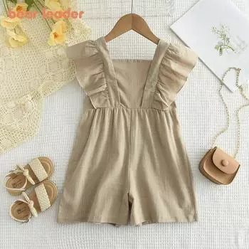 Модные хлопковые комбинезоны для девочек Bear Leader, детская одежда с летящими рукавами, однотонные комбинезоны AZ4409 2T