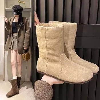 Модные хлопковые сапоги средней длины 2024 года, новые зимние плюшевые сапоги на плоской подошве, уличный трендовый стиль, модная обувь на короткие ноги 35 бежевый