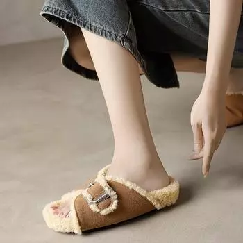Модные хлопковые тапочки с пряжкой на поясе для женщин 2024 года, осень-зима, новые меховые тапочки с одним словом на плоской подошве, теплая обувь для женщин 35 хаки