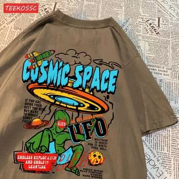 Модные хлопковые женские футболки с принтом букв НЛО и пришельцев, короткие рукава, о-образный вырез, свободные дышащие топы, летняя женская одежда S