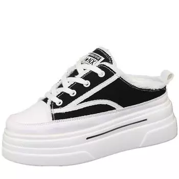 модные холщовые полутапочки Baotou, женская верхняя одежда, лето 2024, новые внутренние туфли с завышенной талией, без каблука, сандалии без застежек, кроссовки 34 чёрный