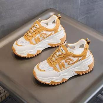 Модные и дышащие новые туфли на толстой подошве, увеличивающие рост, белые туфли, повседневные женские сандалии с низким верхом, корейская версия сетчатых спортивных туфель на шнуровке 33 абрикосовый