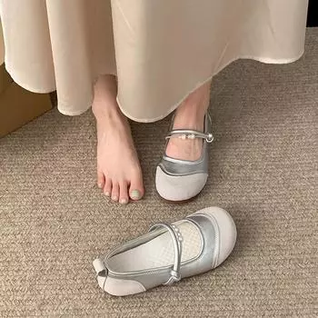 Модные и легкие французские ретро-туфли на плоской подошве с неглубоким носком для женщин 2025 года, универсальные туфли Мэри Джейн на мягкой подошве 35 бежевый