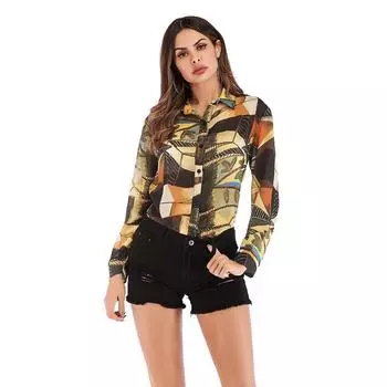Модные и повседневные женские ретро-топы с принтом на лацканах, с длинным рукавом, шифоновая рубашка для женщин M