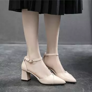 Модные и простые туфли на высоком каблуке, остроносые сращивания, толстые каблуки, одинарные туфли, универсальные рабочие сандалии 34 чёрный