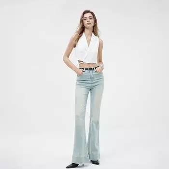 Модные и простые женские джинсы с высокой талией и слегка расклешенные и состаренные, расклешенные брюки длиной до пола 25 синий