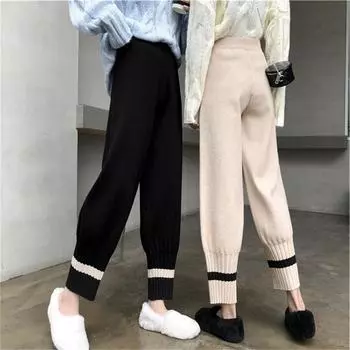 Модные и тонкие повседневные трикотажные женские прямые брюки осень-зима 2024 года, новая свободная корейская версия студенческих брюк Харлан прилив one size fits all чёрный